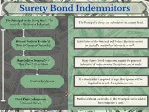 Surety Bond Indemnitors - This chart shows common indemnitors on surety bonds. Green, black and white with money background