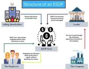 ESOP Structure - This graphic shows how an ESOP works with the selling shareholders, the company, the lender and employees and the ESOP Trust