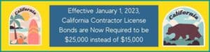 This shows the changes of the California Contractor License Bond from to $25,000 from $15,000. On each side is an image representing the state of California.