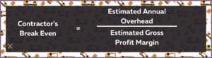This shows the calculation that surety bond companies use to predict a contractor's estimated break even. Purple box with construction equipment graphics in the background