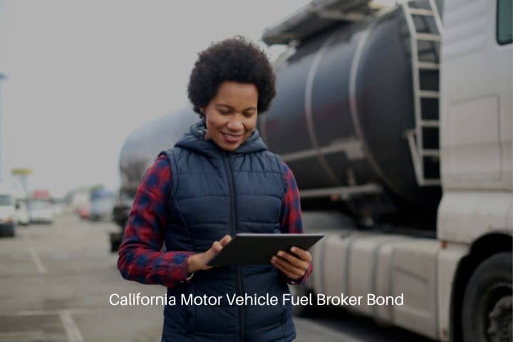 California Motor Vehicle Fuel Broker Bond - Mid-adult female fuel truck driver using a tablet.