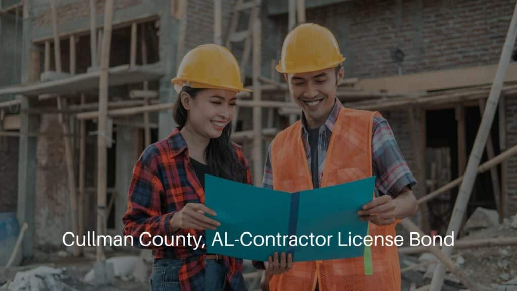 Cullman County, AL-Contractor License Bond - A female and male contractor standing while holding their sketchbook. Wearing a safe helmet at the construction site.