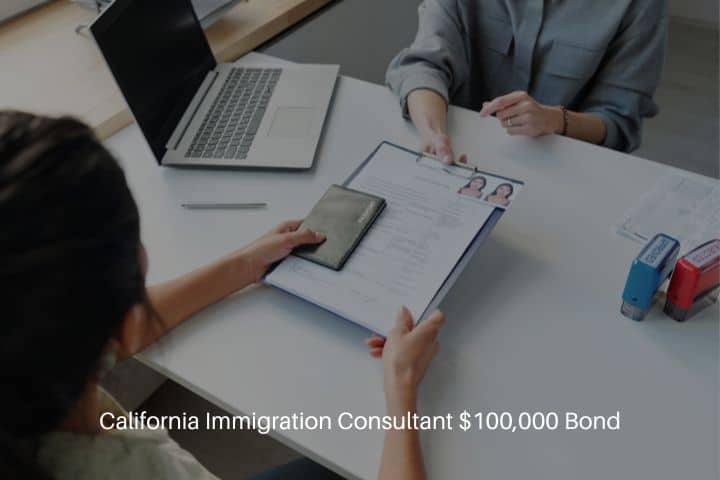 California Immigration Consultant $100,000 Bond - A view of an unrecognizable woman applying for a visa in the embassy, giving her passport and application form.