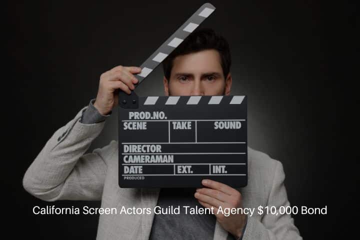California Screen Actors Guild Talent Agency $10,000 Bond - Adult actor holding clapperboard on black background.
