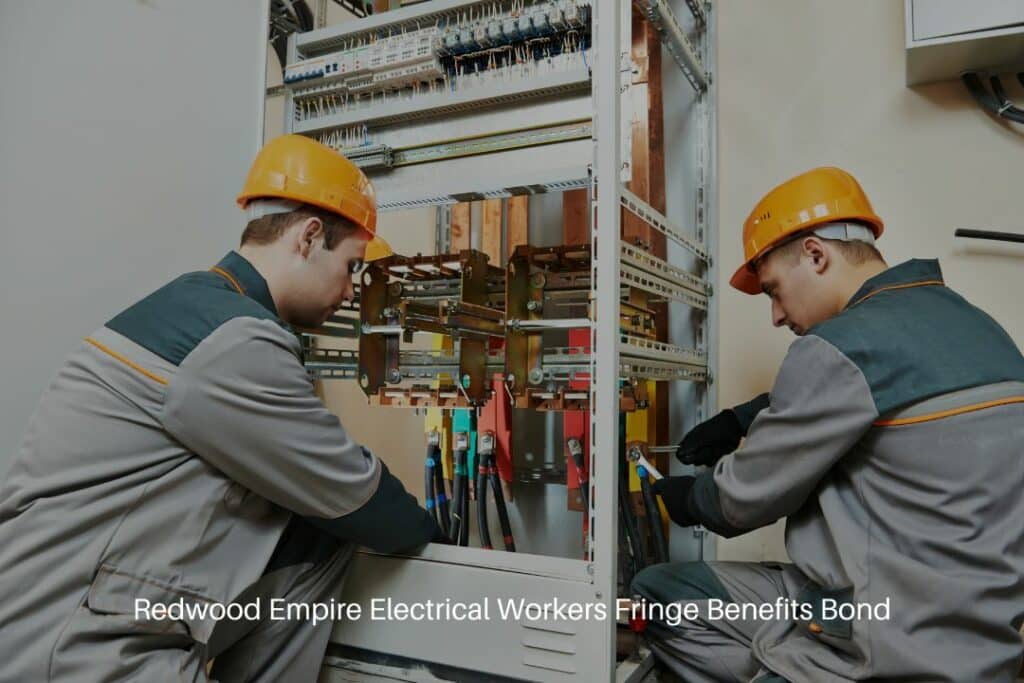 Redwood Empire Electrical Workers Fringe Benefits Bond - Two electrician builder engineer works with the electric cable wiring of fuse switch box.