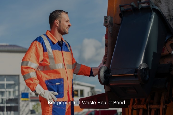 Bridgeport, CT-Waste Hauler Bond - Garbage collection worker bin into waste truck.