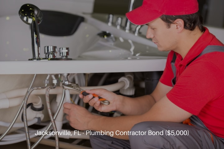 Jacksonville, FL - Plumbing Contractor Bond ($5,000) - Male plumber fixing sink pipe in the bathroom.