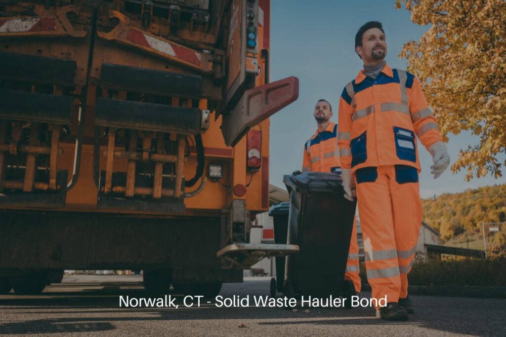 Norwalk, CT - Solid Waste Hauler Bond - The trash container is being emptied by garbage removal men who work for a public utility.