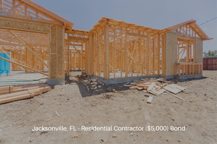 Jacksonville, FL - Residential Contractor ($5,000) Bond - Wood home framing abstract at construction site.