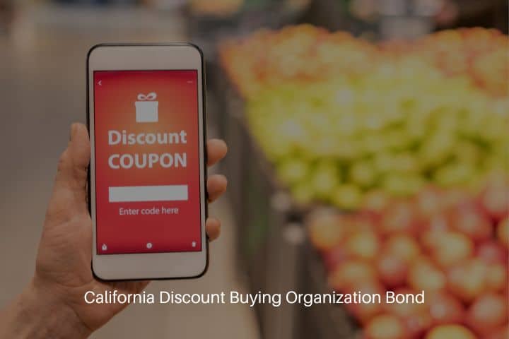 California Discount Buying Organization Bond - Hand of a contemporary mature female buyer holding a smartphone and showing her online discount.