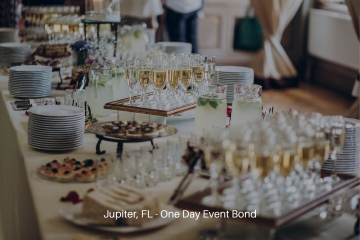 Jupiter, FL - One Day Event Bond - Stylish champagne glasses and food appetizers on table at wedding reception.