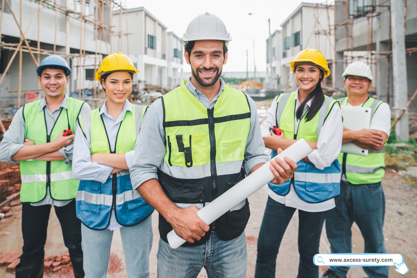 A happy construction team standing while holding blueprints, radios, laptop and wearing uniforms with hard hat at the construction site.