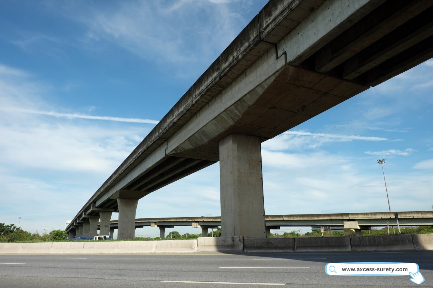 A long highway bridge against blue sky as background.