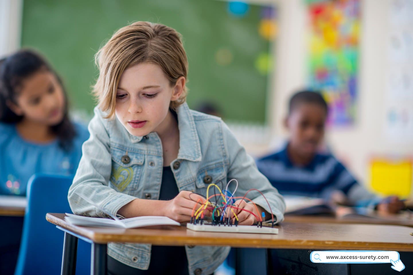 Elementary school girl working on a science project in her classroom.