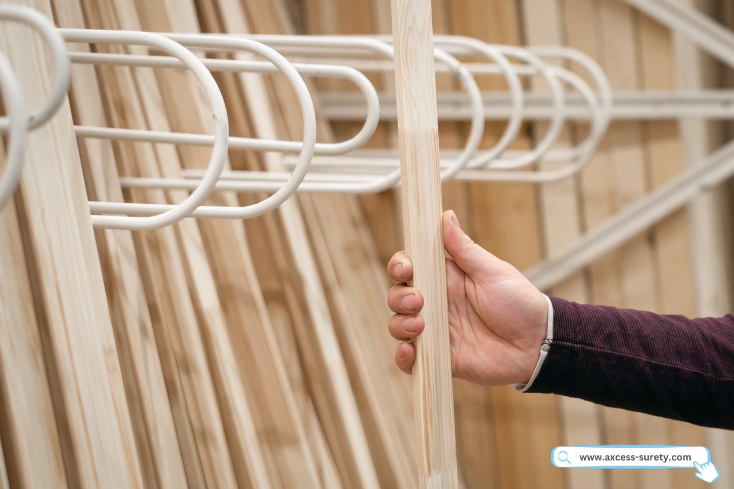 Buyer is choosing a wooden plank timber in store.