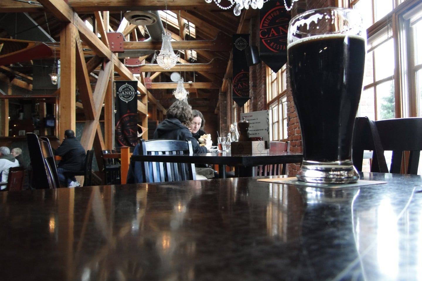 People are relaxing in a brew pub located in a small town.