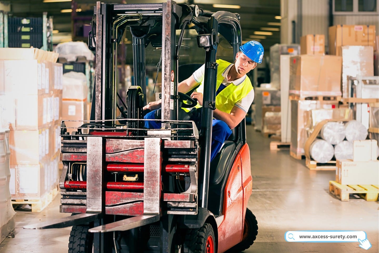 Forklift driver in protective vest driving forklift at warehouse.