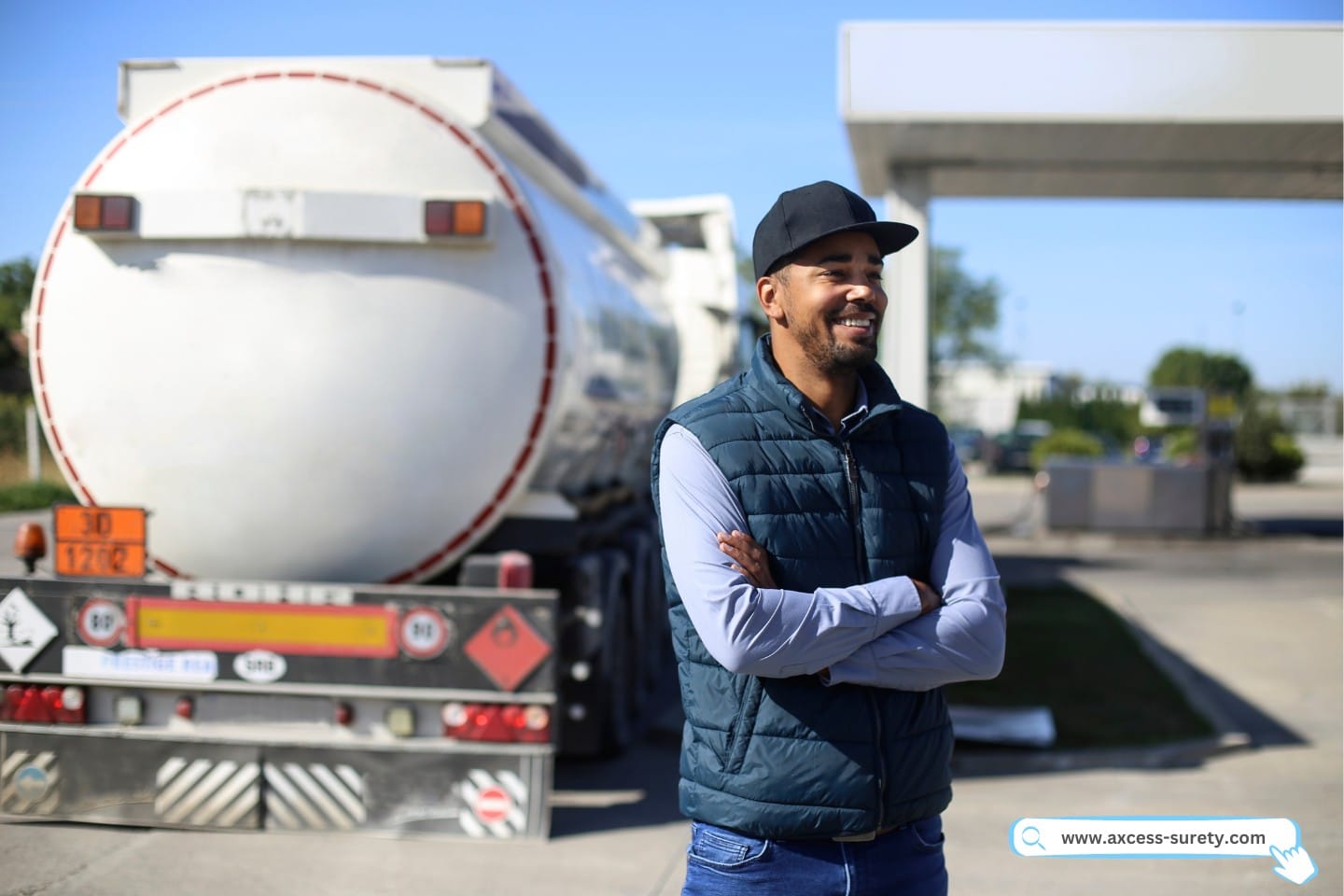 Fuel tank driver in a gas station. Fuel truck near gas station.