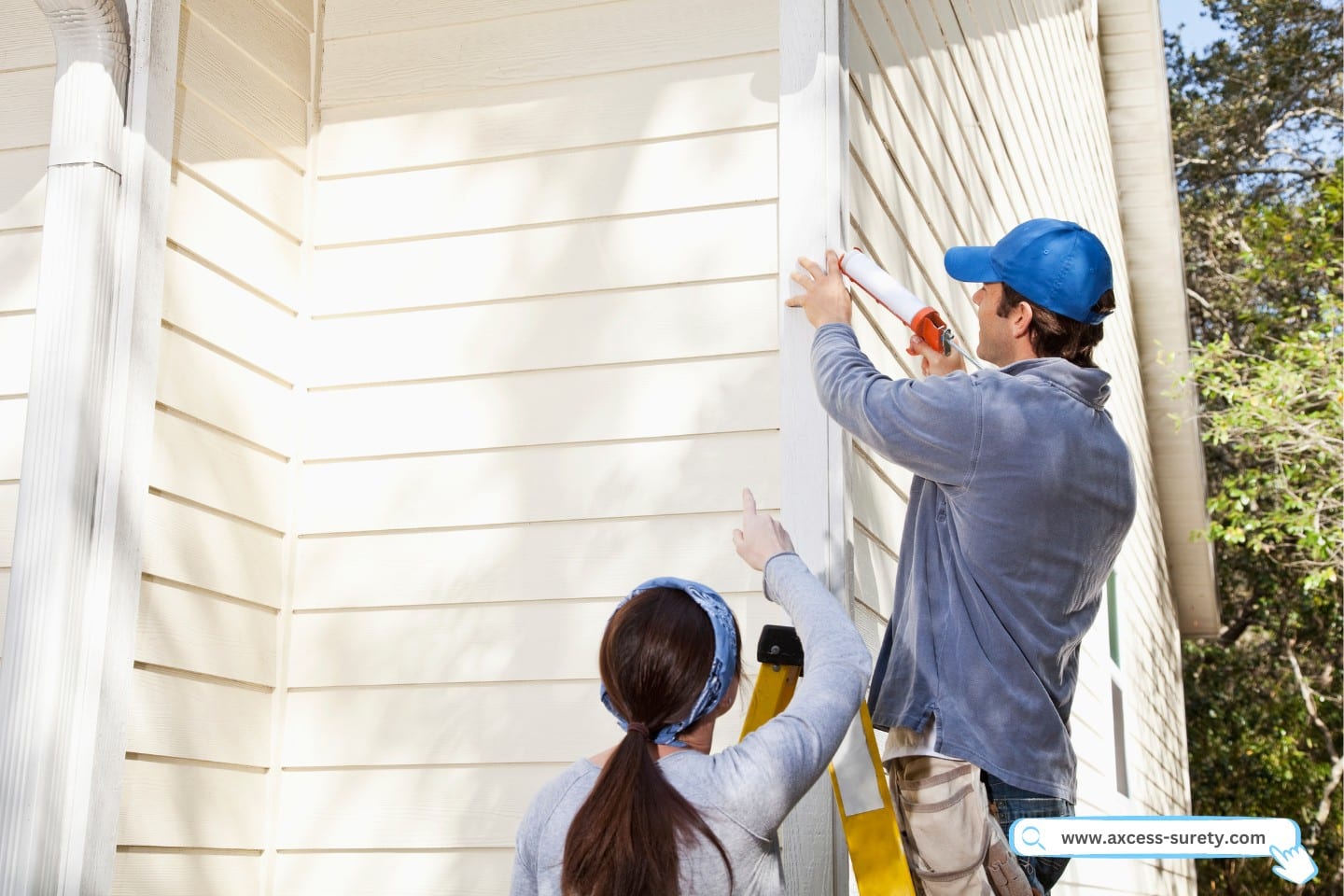 Home repair outside. Man standing on ladder using caulk gun.
