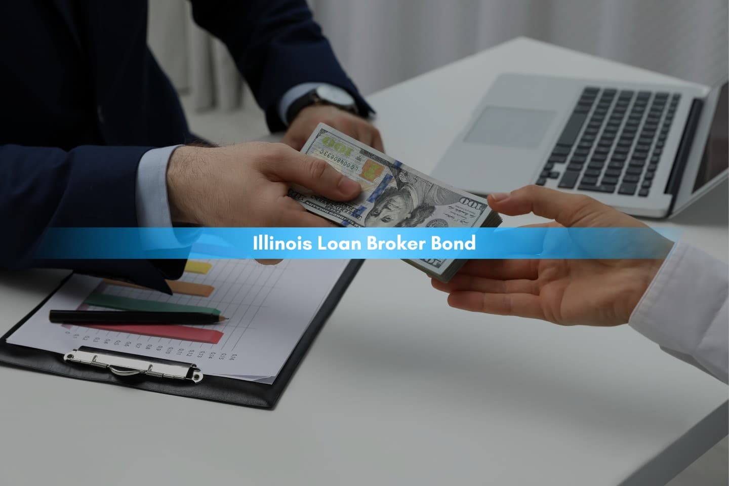Illinois Loan Broker Bond - Agent giving money to businesswoman at desk in her office.