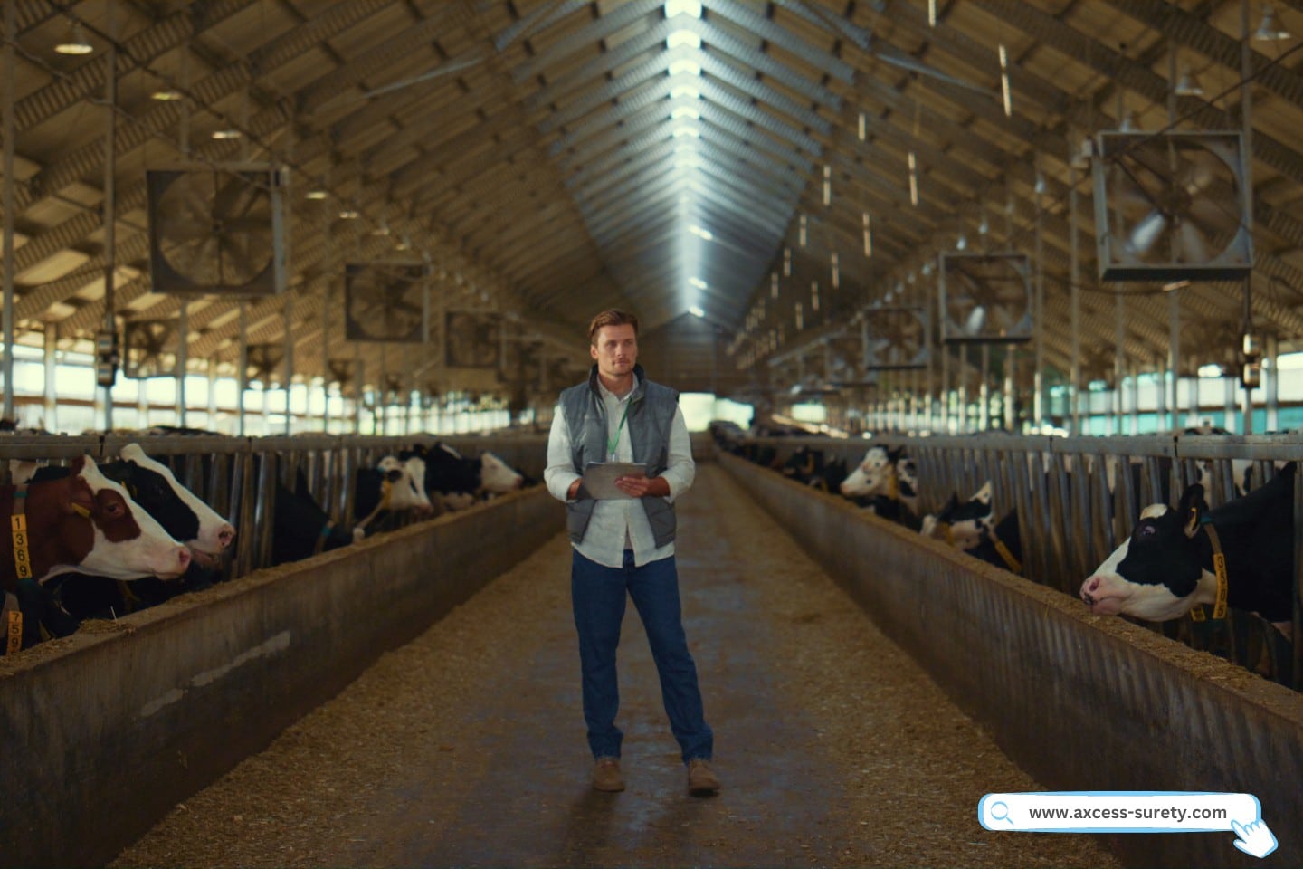 Livestock supervisor walk dairy farm facility.