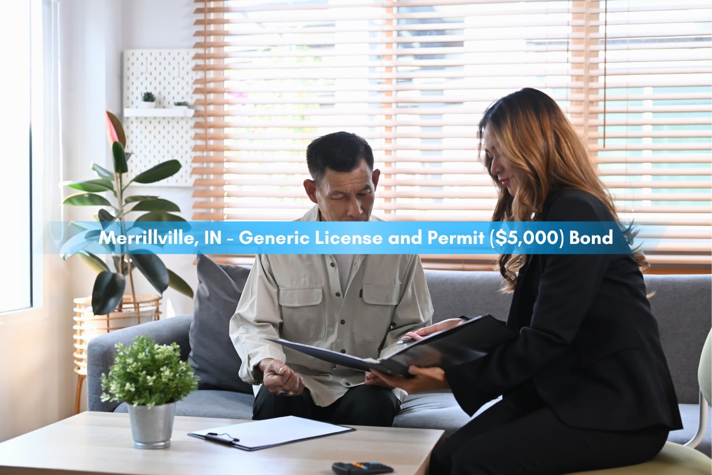 Merrillville, IN - Generic License and Permit ($5,000) Bond - Health insurance agent or financial advisor broker consulting with senior client.