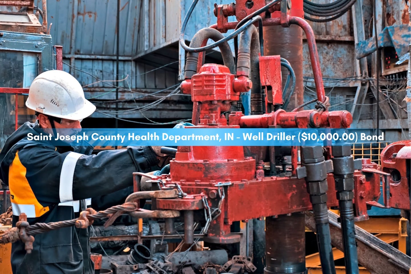 Saint Joseph County Health Department, IN - Well Driller ($10,000.00) Bond - A working oil driller is engaged in spinning pump pressuring pipes on the well.