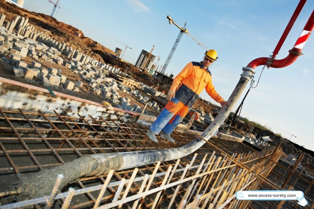 Builder worker standing near trailer mounted with boom concrete pump on metal roads.
