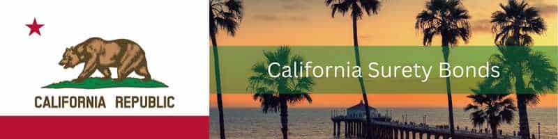 California Surety Bonds - California State Flag on the left, California coast and palm trees on the right. A green box reads, California Surety Bonds.
