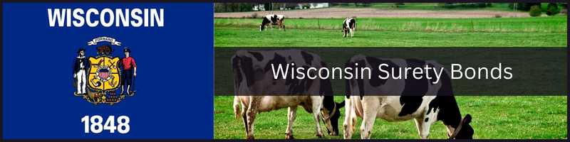 A Wisconsin State Flag on the left. Wisconsin cows in a field on the right. A dark blue box says Wisconsin Surety Bonds