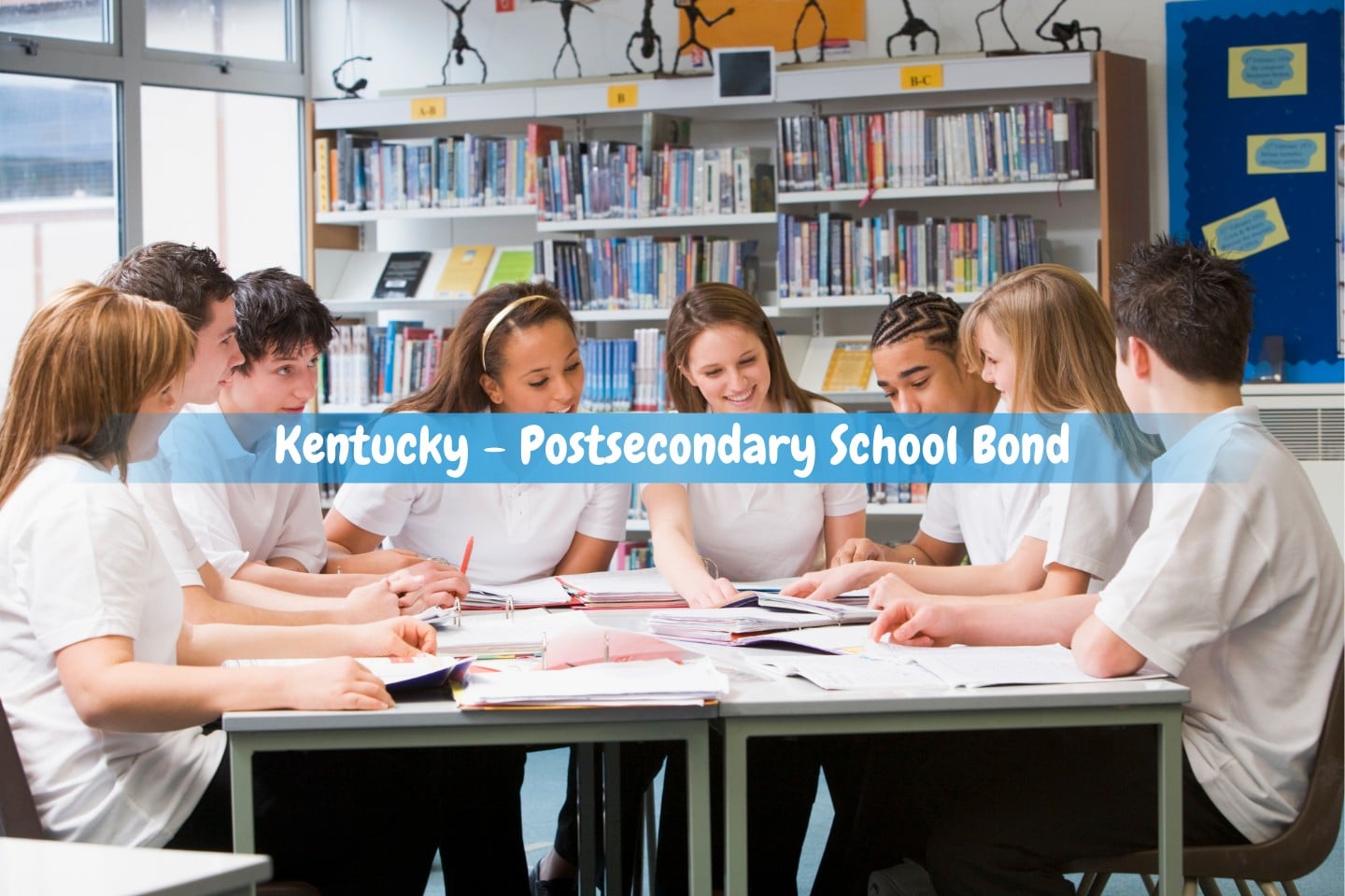Kentucky - Postsecondary School Bond - Students in the library discussing their reports in a group.