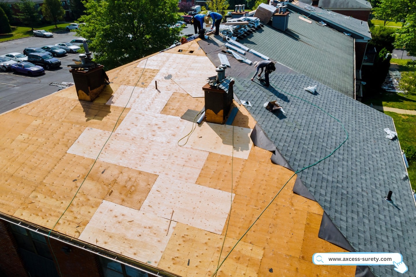 Roof repairs old roof replacement with new shingles of an apartment building.