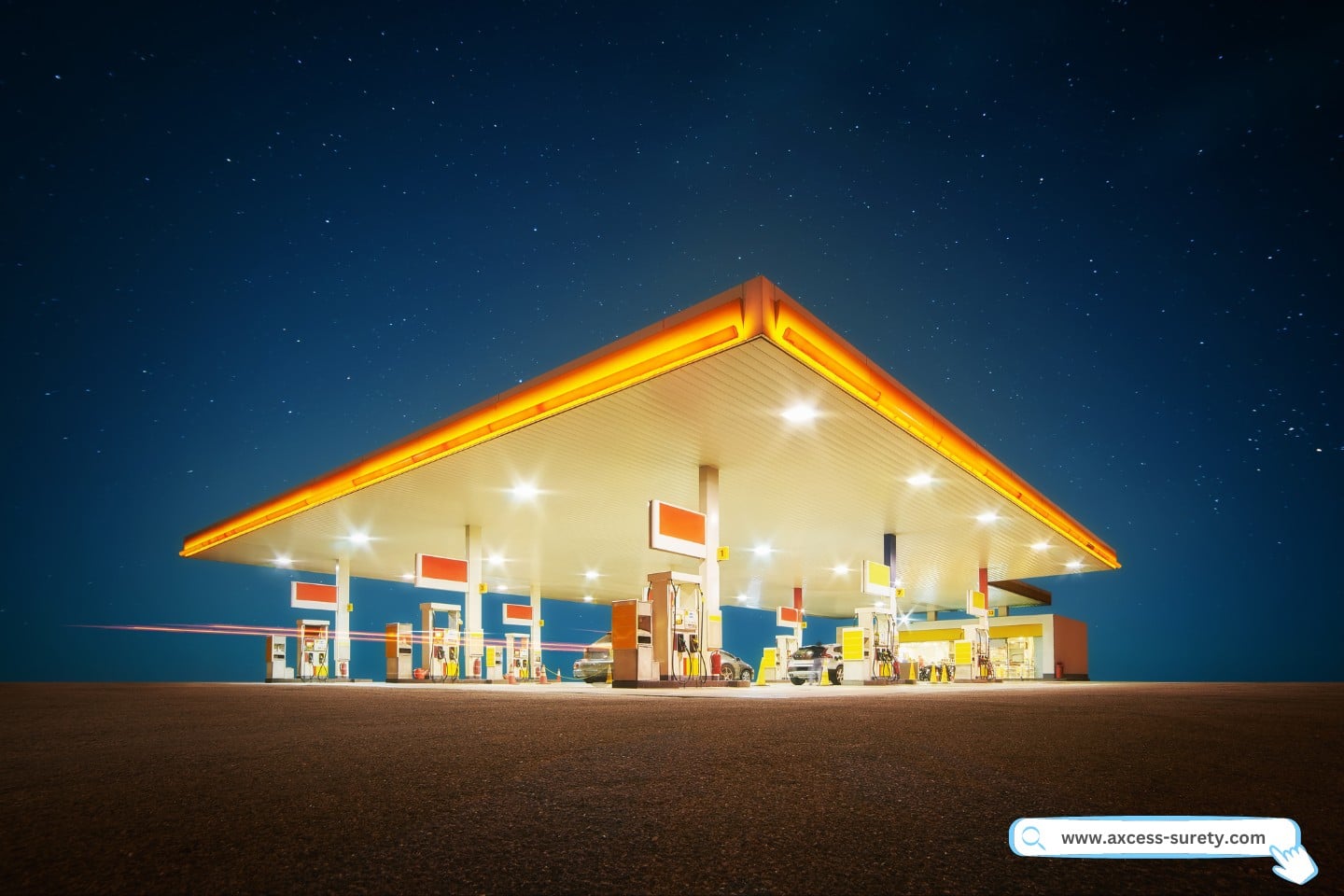 A petrol station that serves as a nighttime convenience shop.