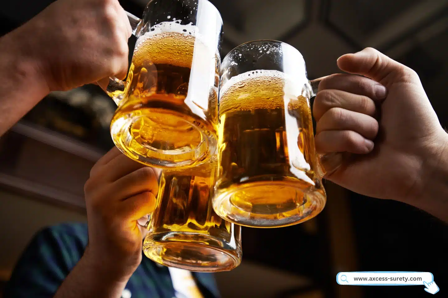 Three men holding hands and sipping beer.