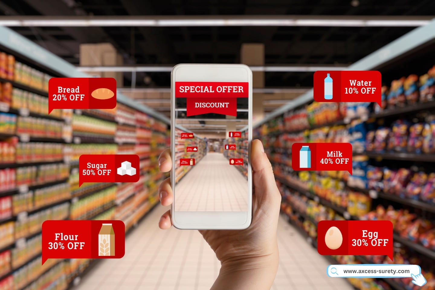 Using a smartphone to shop for discounts at a grocery.