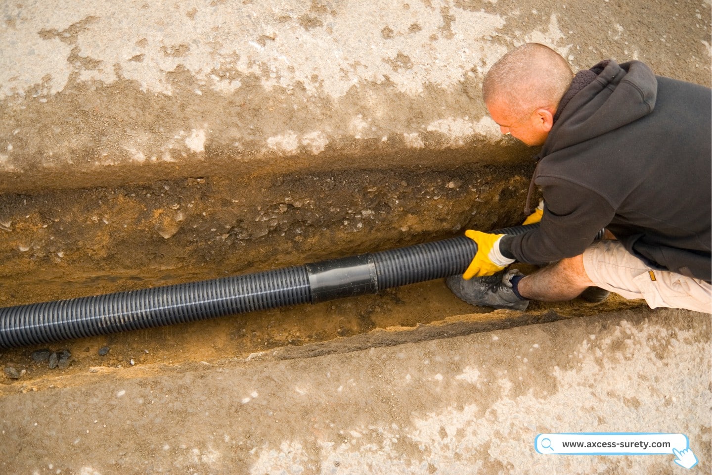A view of a road construction worker installing drain pipes in a ditch and connecting them to a sewer.