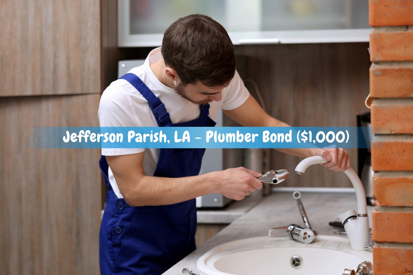 Jefferson Parish, LA - Plumber Bond ($1,000) - A dapper plumber replaces the kitchen faucet with an adjustable wrench.
