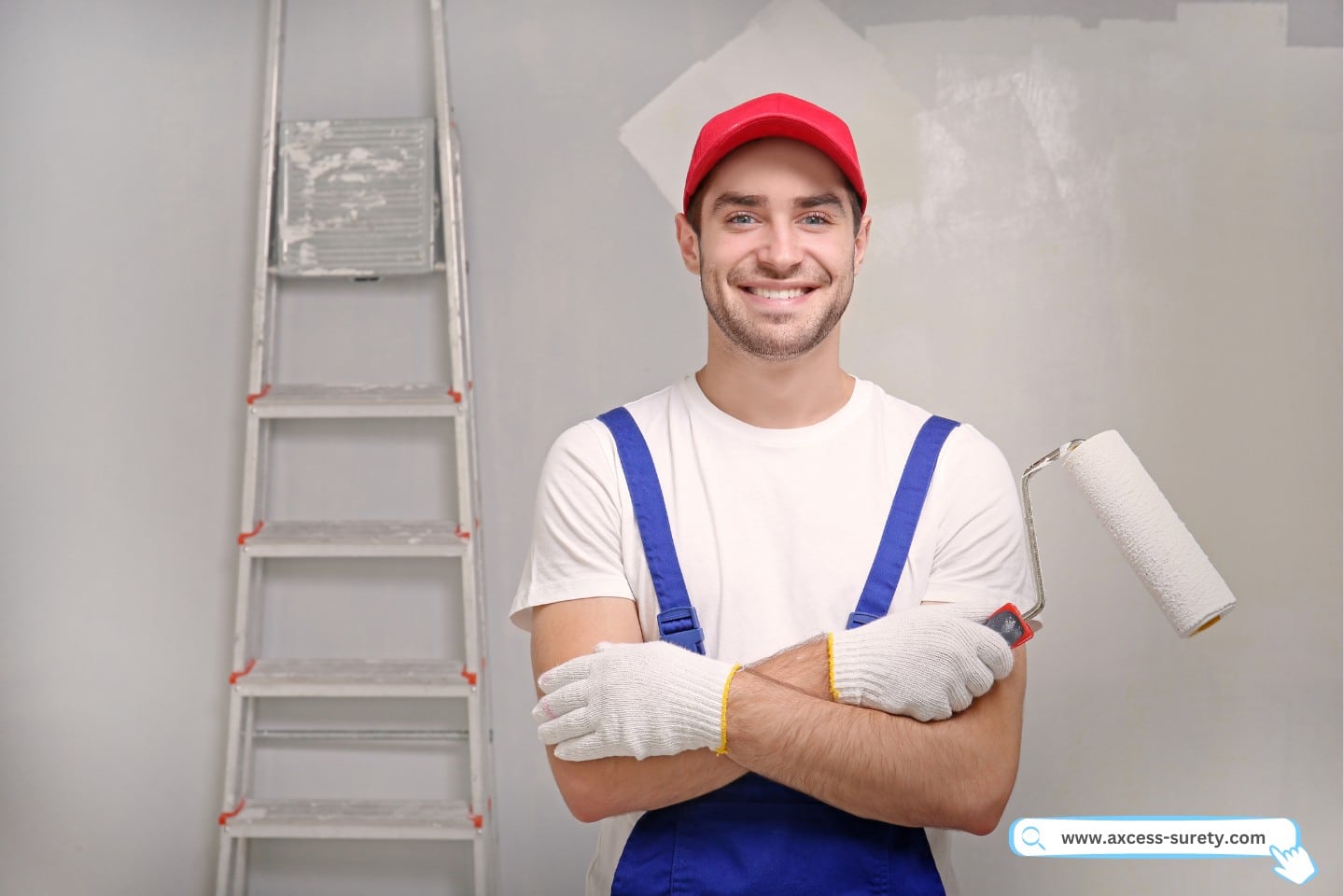 A young painter holds a paint roller and a ladder.