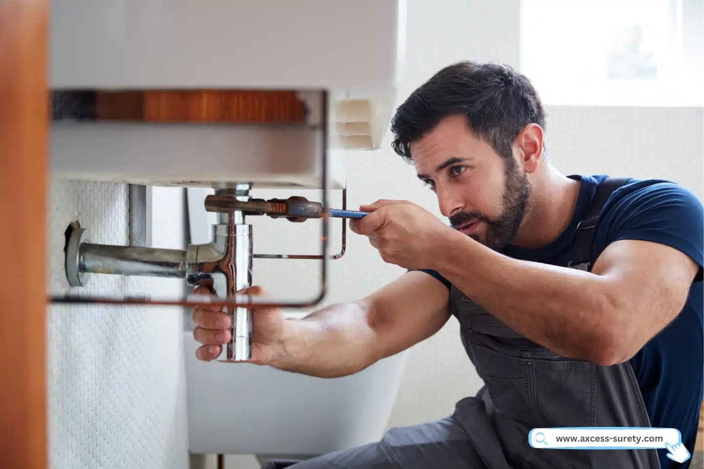 A male plumber fixes a leaking sink at his house with a wrench.