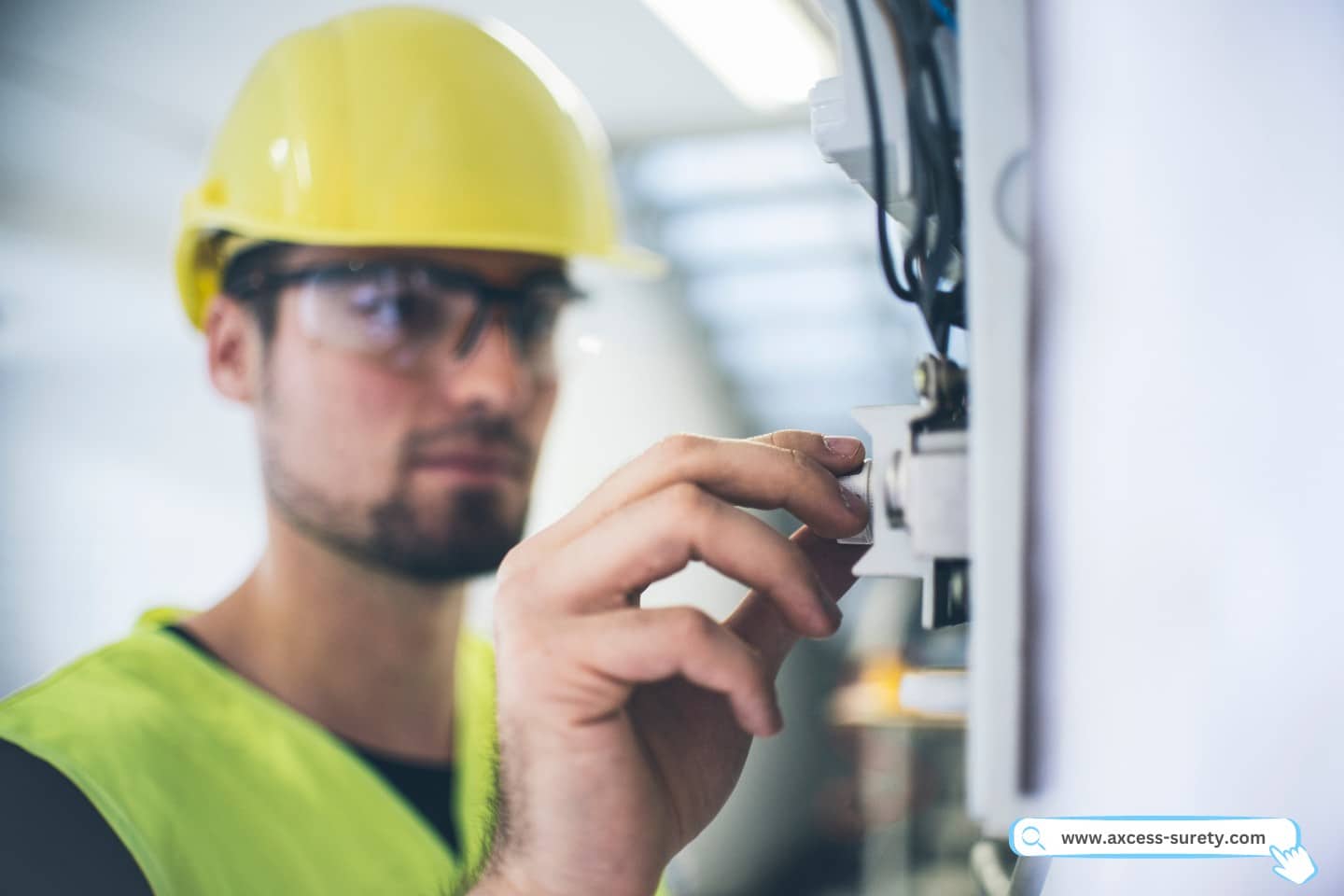 An electrician is repairing the panel's wiring while donning a yellow hard hat and green vest.