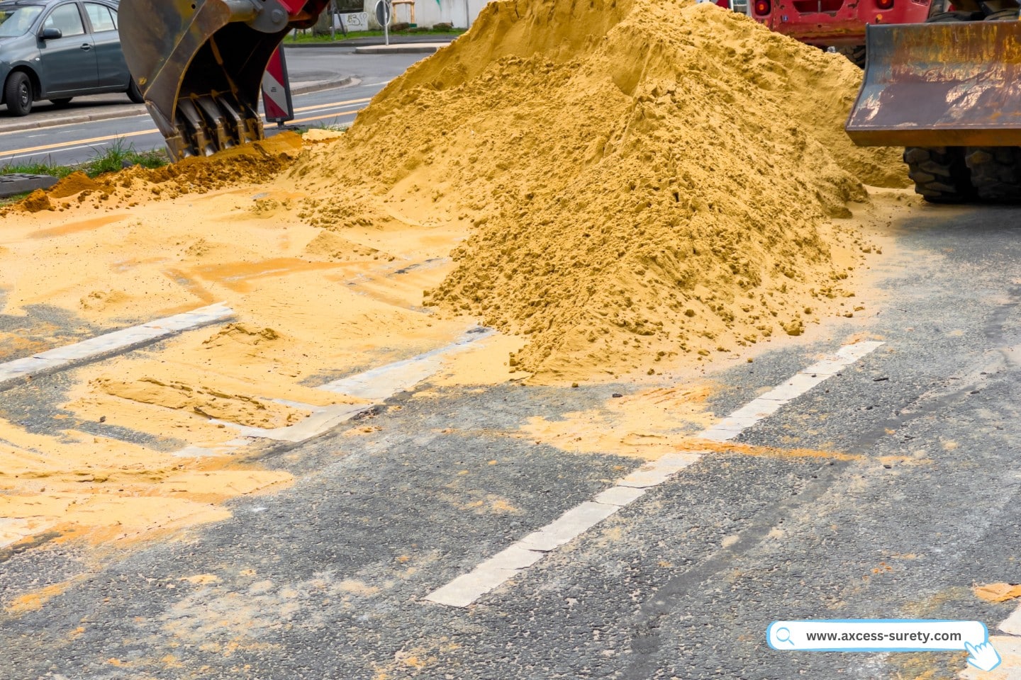 Excavator work is being done during street construction to work with the land.