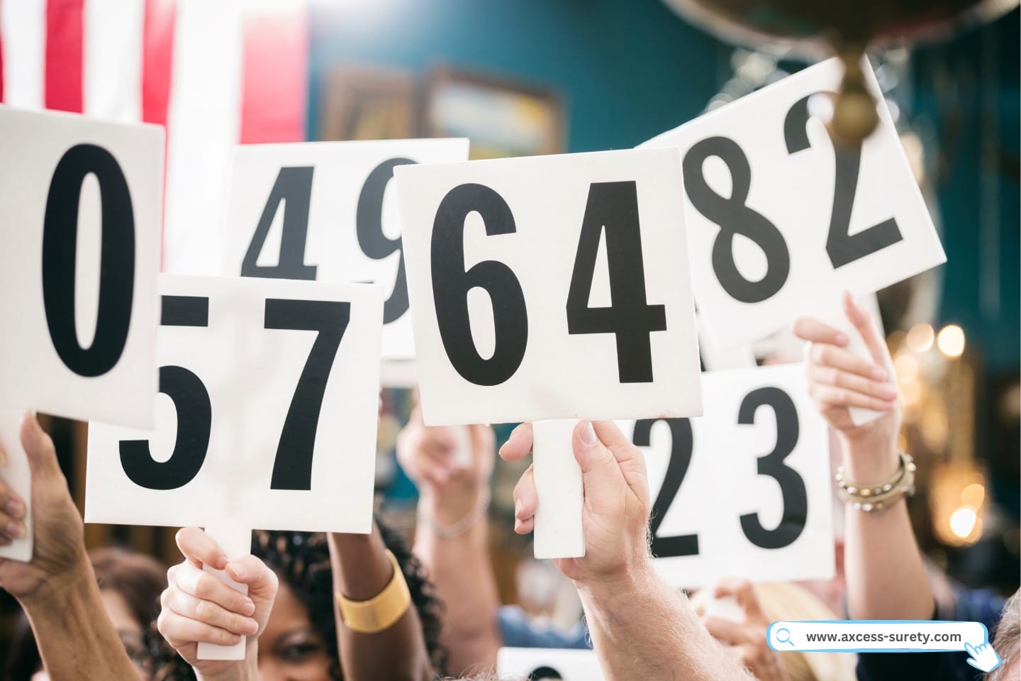 An assembly of bidders during an auction, brandishing their numbered bidding paddles.