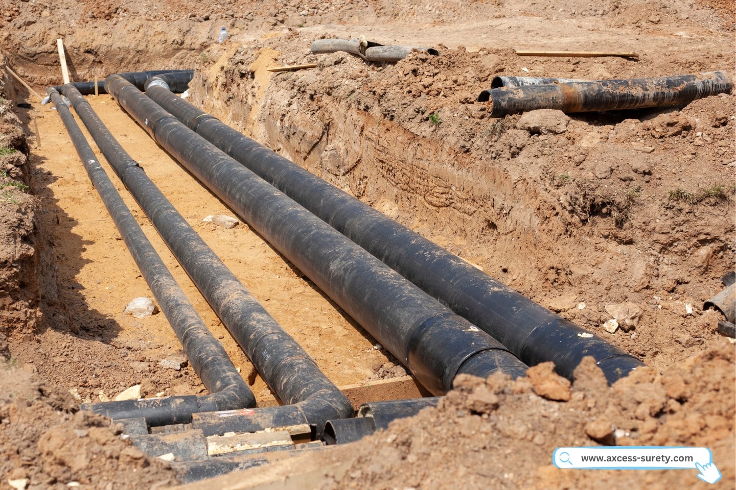 Water pipe installation underground on a building site.