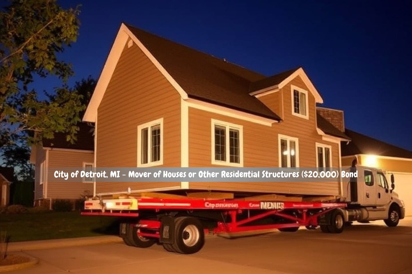 City of Detroit, MI - Mover of Houses or Other Residential Structures ($20,000) Bond - House moving works. Transporting a house using hydraulic dolly at night.
