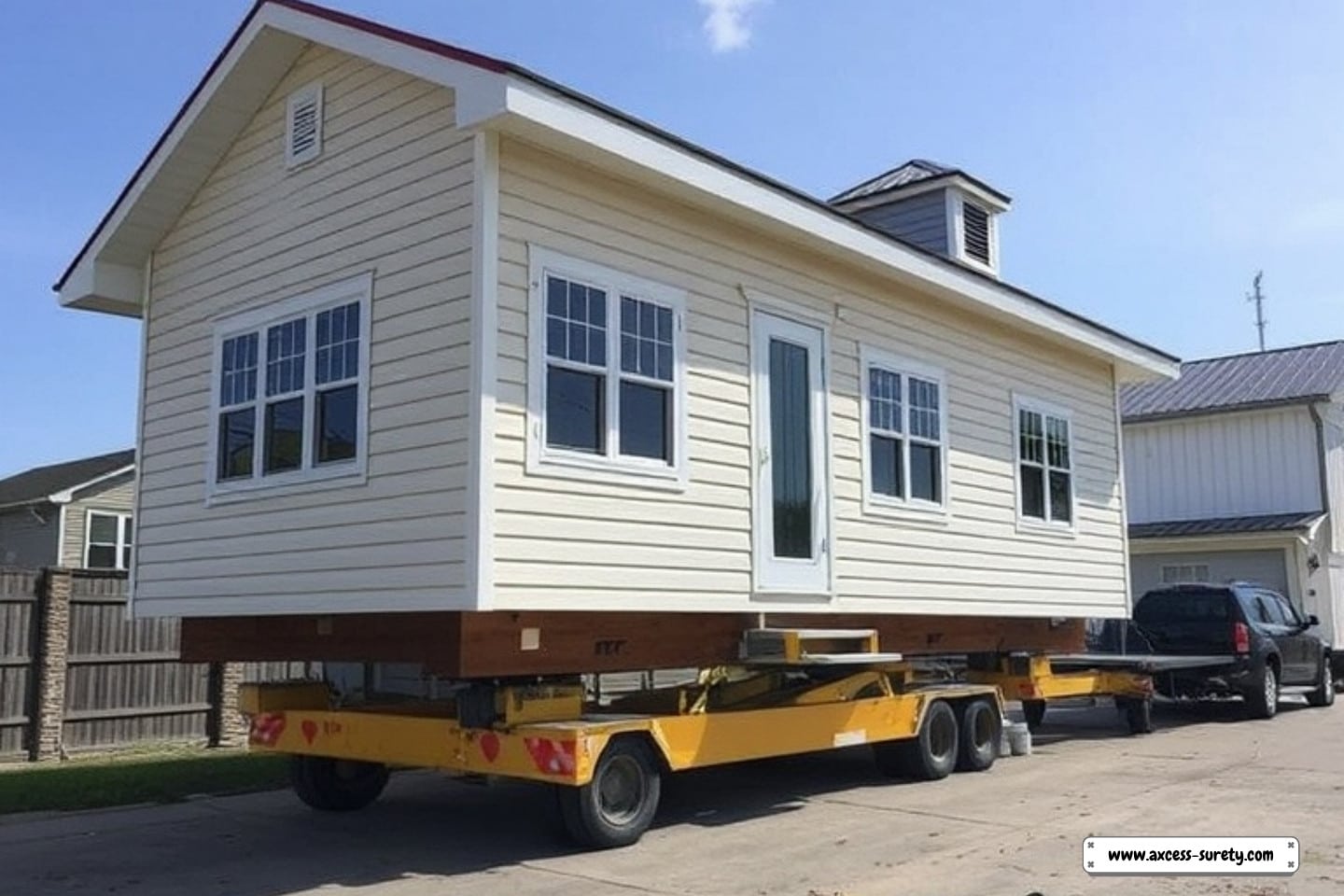 White house being relocated using yellow hydraulic dollies.