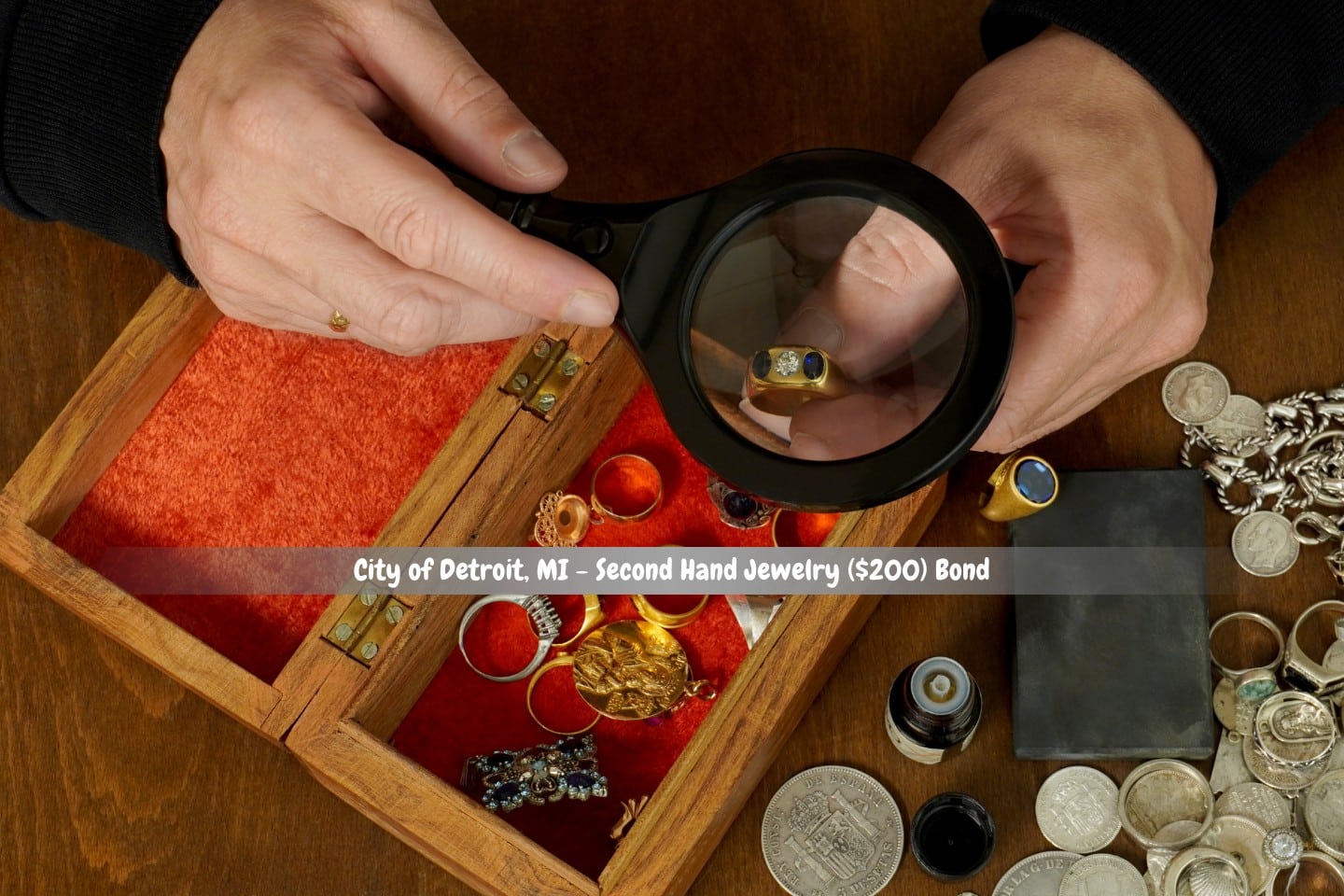 City of Detroit, MI - Second Hand Jewelry ($200) Bond - The jeweler inspects a diamond ring with a magnifying glass.