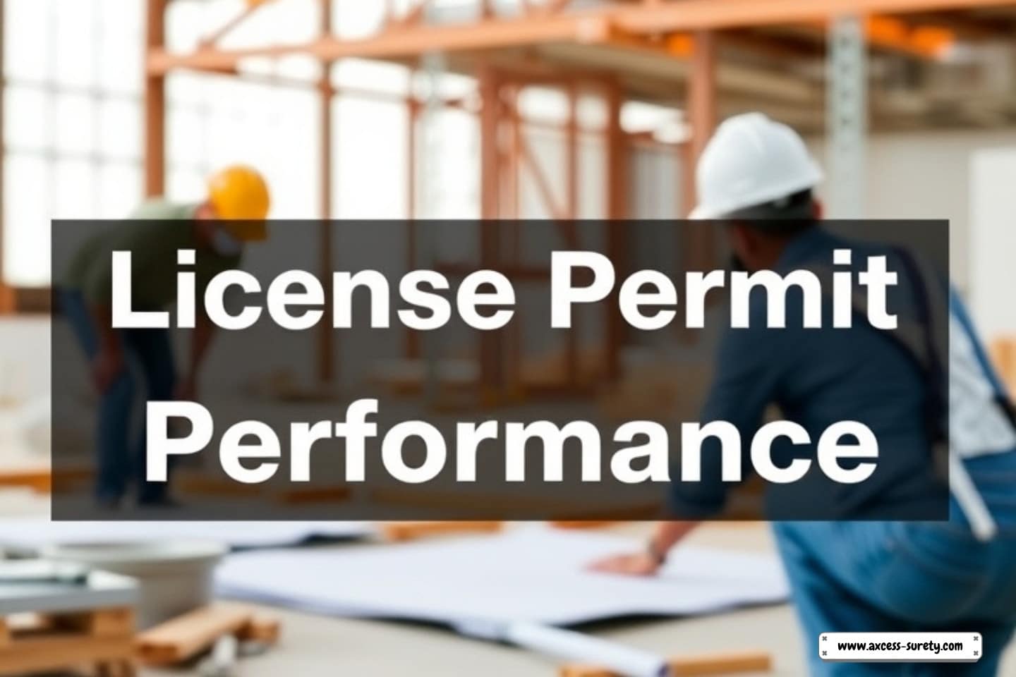 A license permit and performance text, contractors looking at the blueprints, Construction site.