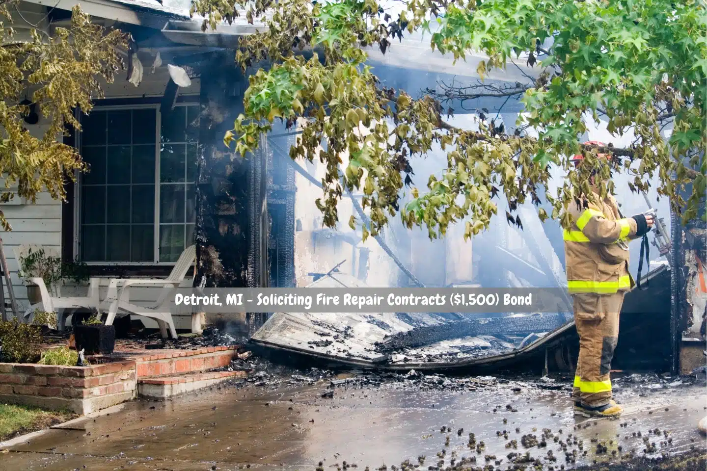 Detroit, MI - Soliciting Fire Repair Contracts ($1,500) Bond - A firefighter rescuing a burning house to minimize the damage to the structure.