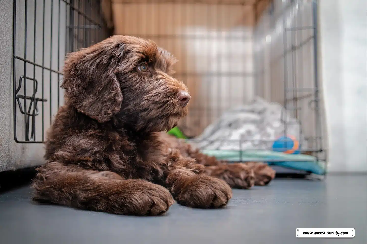 a contented puppy dog in front of a dog kennel or crate.