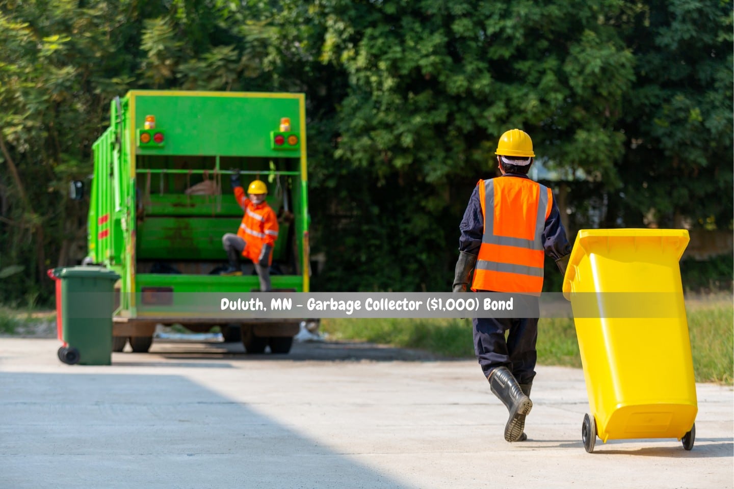 Duluth, MN - Garbage Collector ($1,000) Bond - Together, the garbage man is emptying dustbins in order to remove rubbish.